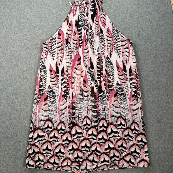 Pants Store Pink Feather Peacock Print Mini Dress Size Medium High Neck Halter - Picture 8 of 9